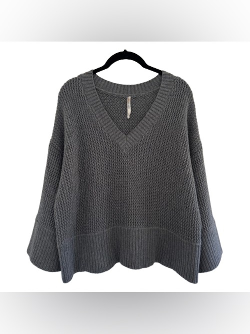 Paper Label Grey 100% Cotton Thick Ribbed Knit Pullover V Neck Sweater Minimal